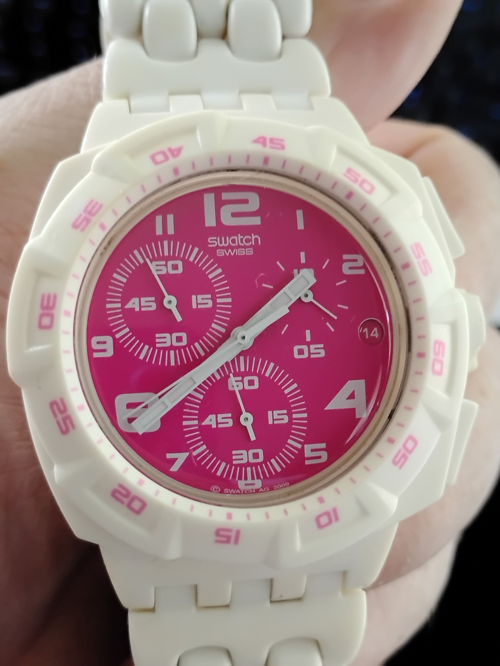 Swatch Ladies Pink and White Chronograph Watch Very Good Condition Tested And Ru